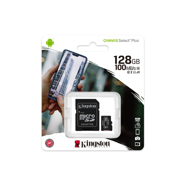 Карта памяти MicroSDXC 128GB UHS-I Class 10 Kingston Canvas Select Plus R100MB/s + SD-адаптер (SDCS2/128GB)