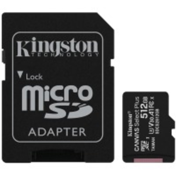 Карта памяти MicroSDXC 512GB UHS-I/U3 Class 10 Kingston Canvas Select Plus R100/W85MB/s + SD-адаптер (SDCS2/512GB)