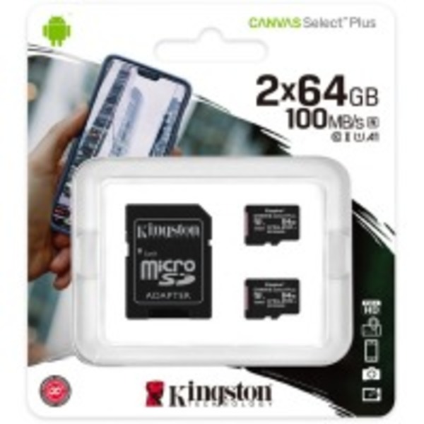 Карта памяти MicroSDXC  2x64GB UHS-I Class 10 Kingston Canvas Select Plus R100MB/s + SD-адаптер (SDCS2/64GB-2P1A)