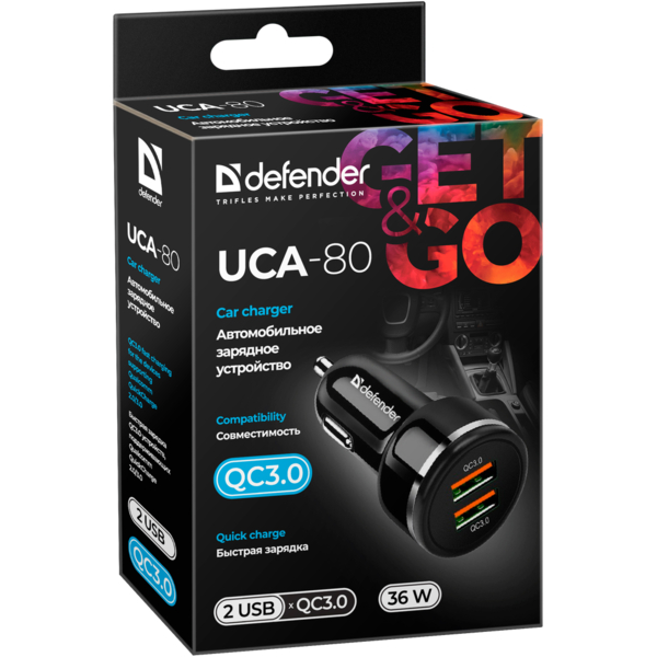 Автомобільний зарядний пристрій Defender UCA-80 Black, 2xUSB, QC3.0, 36W (83832)