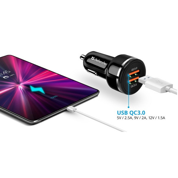 Автомобільний зарядний пристрій Defender UCA-80 Black, 2xUSB, QC3.0, 36W (83832)