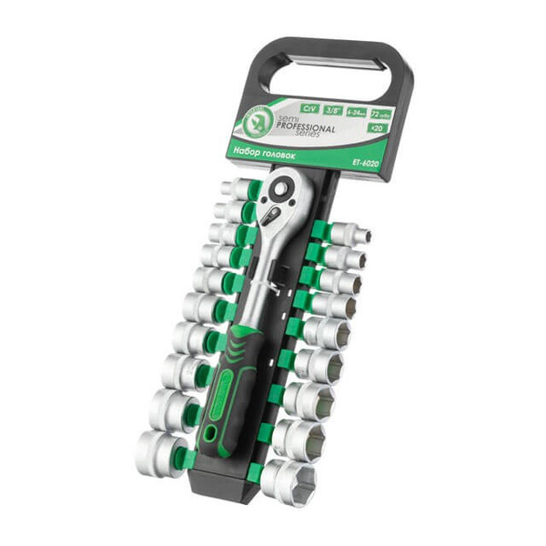набор головок 20 ед. 3/8 6-24 мм с рукояткой с храповым механизмом 72 зуба, Хром-Ванадиум INTERTOOL ET-6020