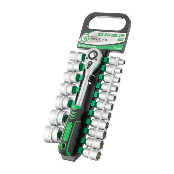 набор головок 19 ед. 1/2 с рукояткой с храповым механизмом 72 зуба, Хром-Ванадиум INTERTOOL ET-6019