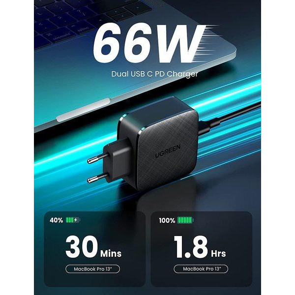 Мережева зарядка UGREEN CD216 66W 2xType-C PD Charger (Чорний)