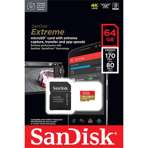 Карта памяти MicroSDXC 64GB C10 UHS-I SanDisk Extreme V30 U3 R170/W80MB/s + SD (SDSQXAH-064G-GN6MA)