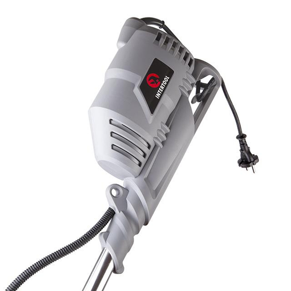 Тример електричний, 1400 Вт, 230 В~50 Гц, 7500 об/хв, плавний пуск,рем.привід, діаметр обертання диска/ліски 255/420 мм, котушка + 3-х зубчастий ніж INTERTOOL DT-2258