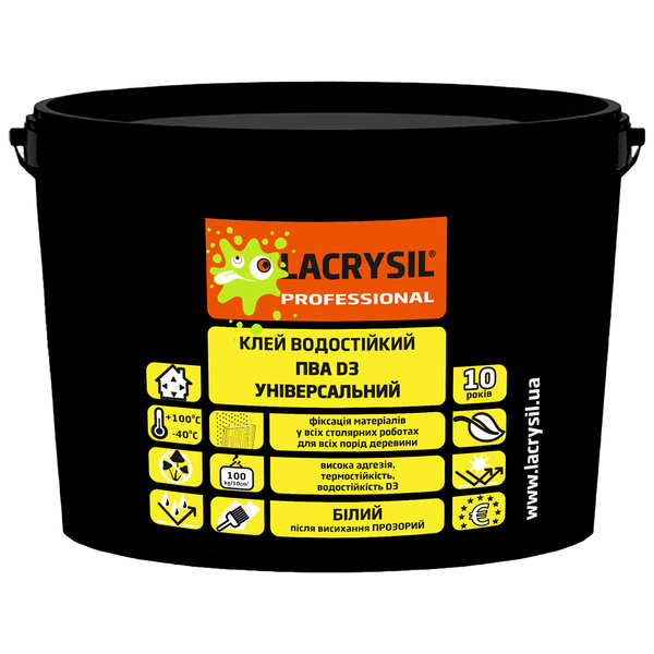 Клей водостійкий LACRYSIL  ПВА D3 Прозорий / 10 kg