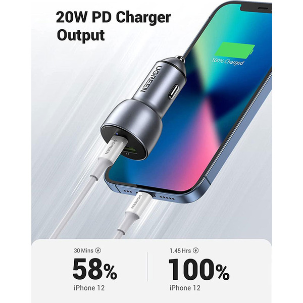 Автомобильное зарядное устройство Ugreen CD213 (2xUSB 36W (USB-C+USB-A) QC 3.0+ Gray (60980)