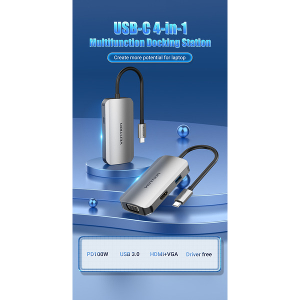 Док-станція USB3.1 Type-C --> HDMI/VGA/USB 3.0/PD 100W Hub 4-in-1 Vention