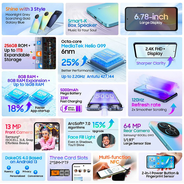 Смартфон Blackview SHARK 8 6.78 FHD+ /8GB/256GB/ G99 / 5000mAh / 64+13Мп / Blue