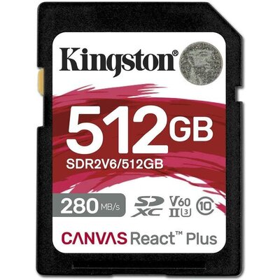 Карта памяти SDHC  512GB UHS-II/U3 Class 10 Kingston Canvas React Plus V60 SD R280/W150MB/s (SDR2V6/512GB)