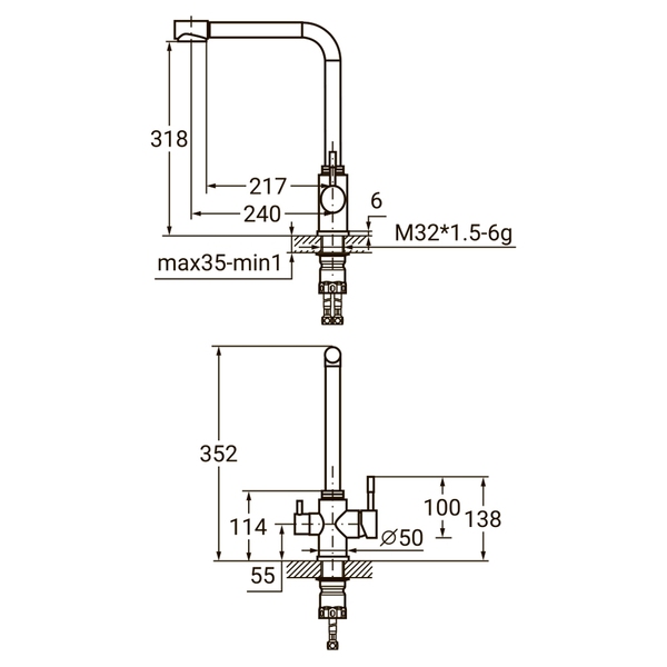Змішувач KT Ø35 для кухні гусак з виходом для питної води на гайці SS AQUATICA KT-4B770P (9722121)