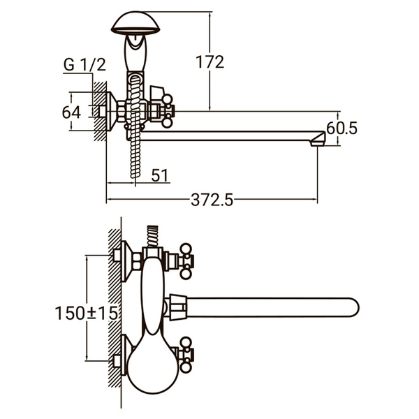 Змішувач PL 1/2" для ванни гусак прямий 350мм дивертор вбудований картріджний AQUATICA PL-2C255C (9777200)