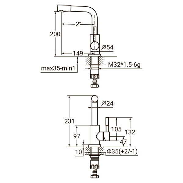 Смеситель KT Ø35 для раковины Г-гусак на гайке SS AQUATICA KT-1A370P (9722021)