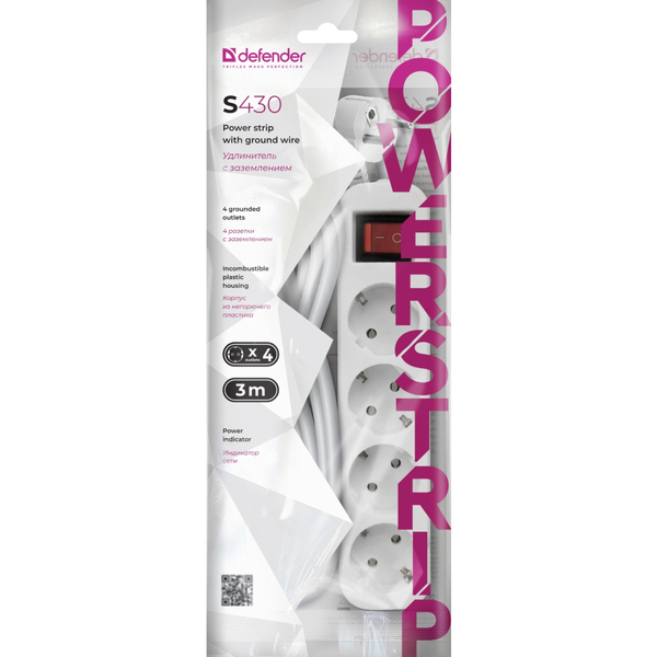 Мережевий фільтр DEFENDER (992380)S430 3.0 m 4 роз switch white UA