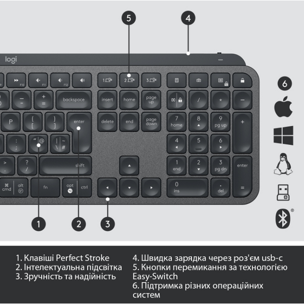 Клавіатура Logitech MX Keys Advanced for Business Wireless Illuminated UA Graphite 920-010251