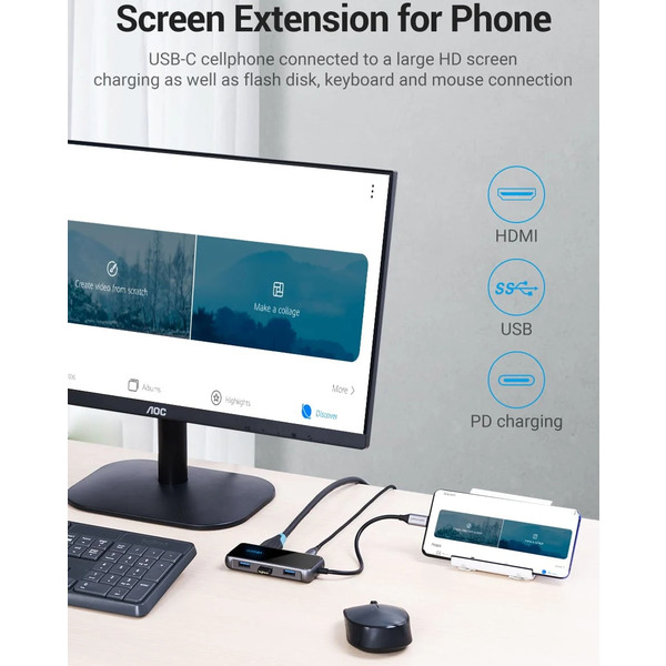 Док-станція USB 3.1 Type-C --> HDMI 4K60Hz/USB 3.0х3/RJ45/PD 87W 6-in-1 Mirrored Surface Vention