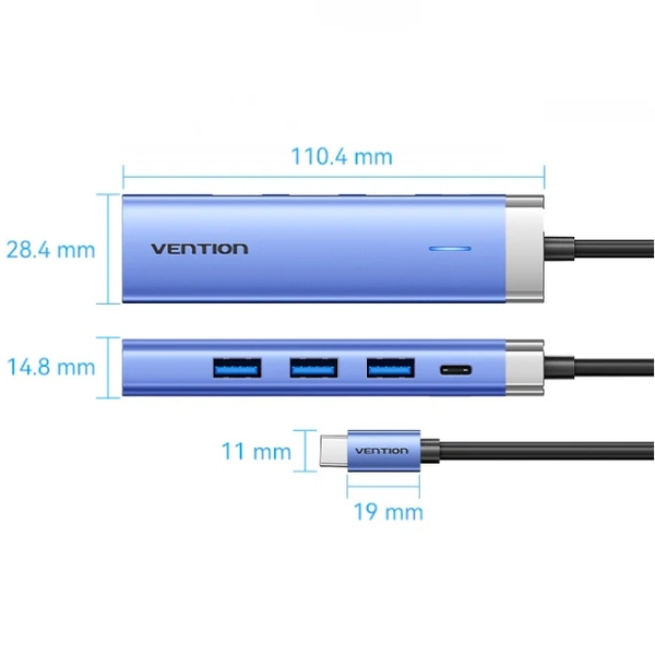 Док-станція USB3.1 Type-C --> HDMI/USB 3.0x3/PD 100W Blue Aluminum  Alloy Hub 5-in-1 Vention