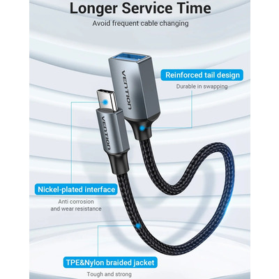 Перехідник USB 3.0 Type-C --> USB AF (OTG) кабель 0.15м Gray Aluminum Alloy Vention
