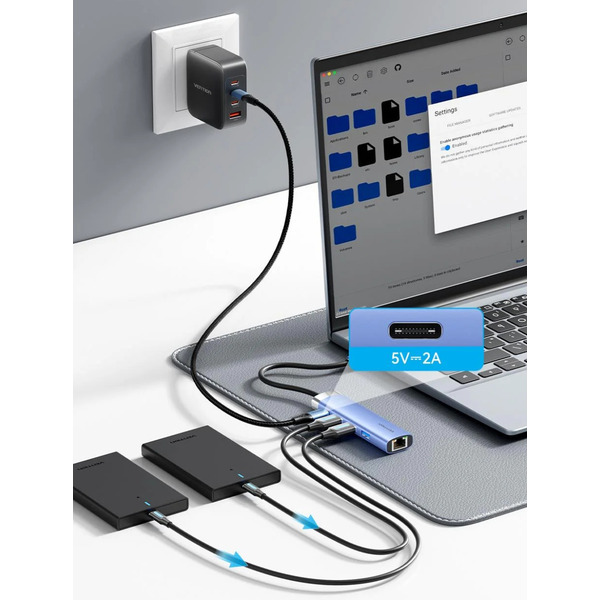 Мультипортовий адаптер Vention 5-in-1 USB-A to USB3.0x3/RJ-45/USB-C Power (TGFSB)