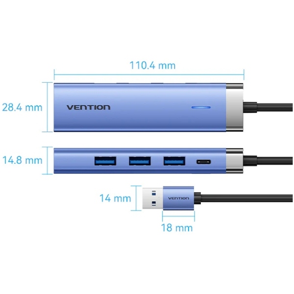 Мультипортовий адаптер Vention 5-in-1 USB-A to USB3.0x3/RJ-45/USB-C Power (TGFSB)
