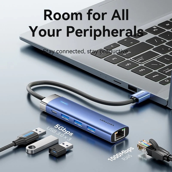 Мультипортовий адаптер Vention 5-in-1 USB-A to USB3.0x3/RJ-45/USB-C Power (TGFSB)