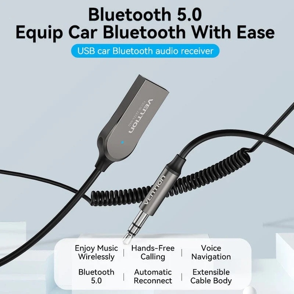 автомобильный аудиоприемник AUX TRS 3.5мм USB Bluetooth 5.0 Coiled Cable 1.5M Gray Zinc Alloy