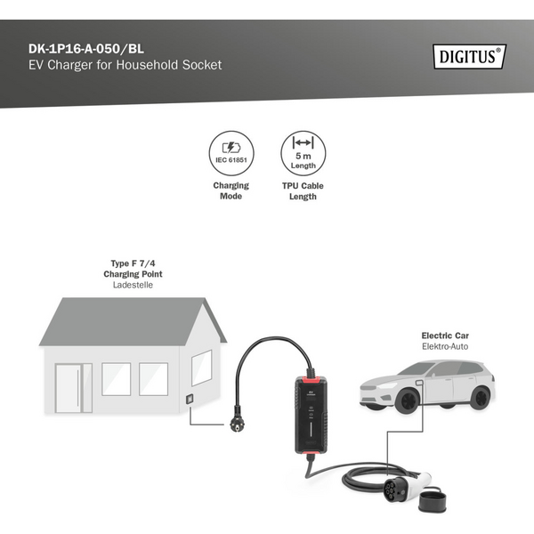 Пристрій зарядний DIGITUS EV Single Phase, 3.7kW, Schuko to Type 2 (DK-1P16-A-050-BL)