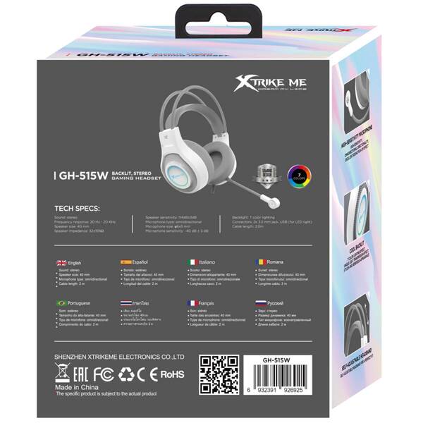 Наушники XTRIKE ME GH-515, USB+3.5мм, 7 режимов RGB, кабель 2м, белая