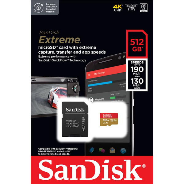 Карта пам`ятi MicroSDXC512GB C10 UHS-I SanDisk Extreme V30 U3 R190/W130MB/s + SD (SDSQXAV-512G-GN6MA)
