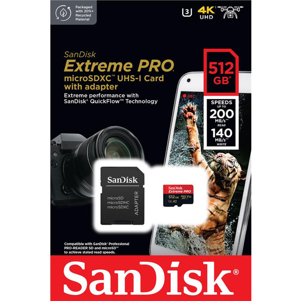 Карта пам'яті SanDisk microSD 512GB C10 UHS-I U3 R200/W140MB/s Extreme Pro V30 + SD