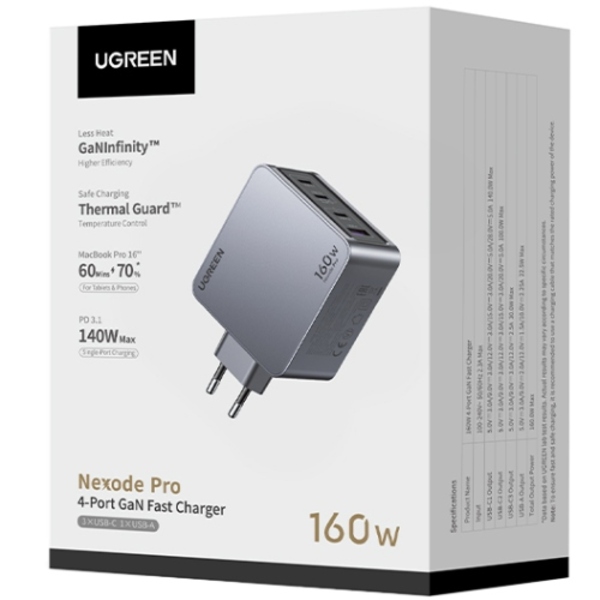 Зарядний пристрій 4xUSB 160W (3xUSB-C + USB-A) Gan Nexode Pro сірий X763 Ugreen
