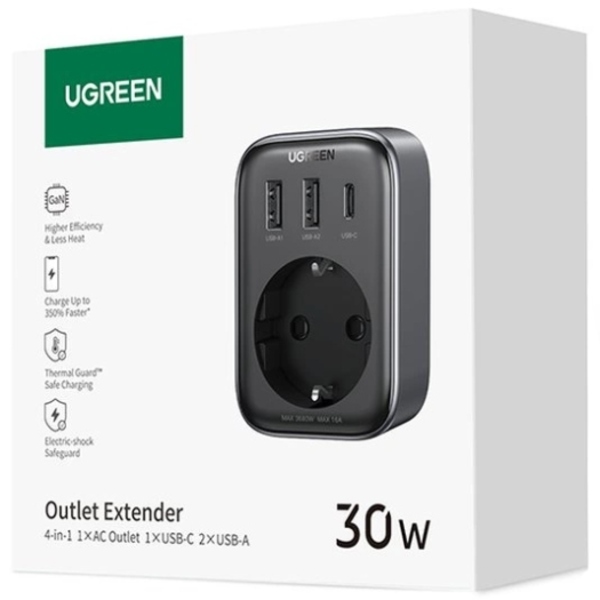Зарядное устройство Ugreen CD314 30W Outlet Extender (2хUSB-A+USB-C) Black (90613)