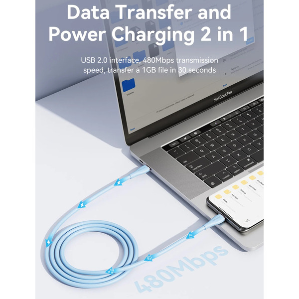 Кабель USB 2.0 Type-C M-M, 2.0 м 100W (20V/5A) Light Blue Silicone Vention