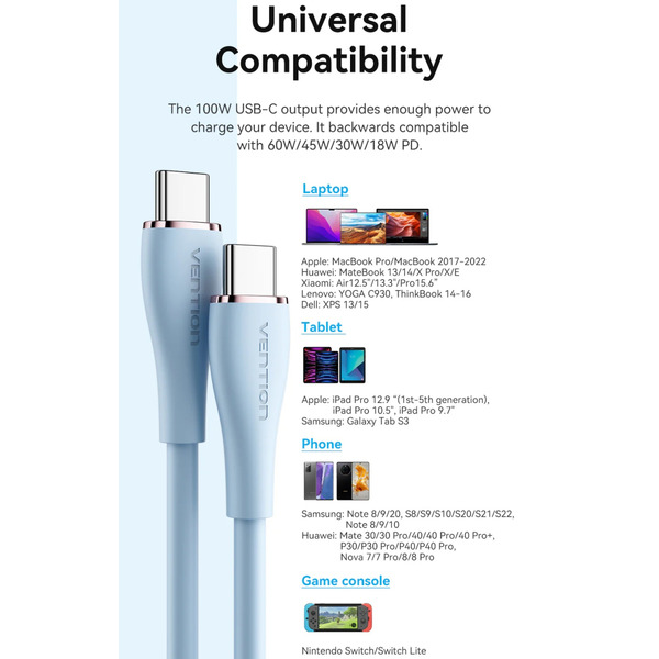 Кабель USB 2.0 Type-C M-M, 2.0 м 100W (20V/5A) Light Green Silicone Vention