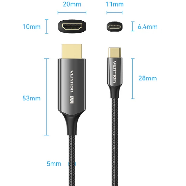 Кабель USB 3.1 Type-C M - HDMI M, 1.8m 8K 60 Гц Zinc Alloy TPE Black Vention