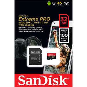 Карта памяти MicroSDHC  32GB UHS-I/U3 Class 10 SanDisk Extreme Pro A1 + SD-адаптер R100/W90MB/s (SDSQXCG-032G-GN6MA)