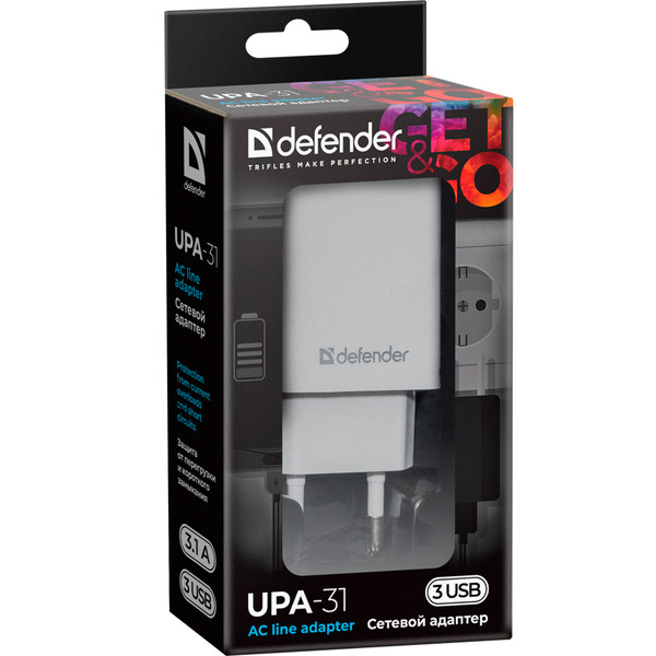 Зарядний пристрій 3xUSB 37W 3.1A білий UPA-31 Defender