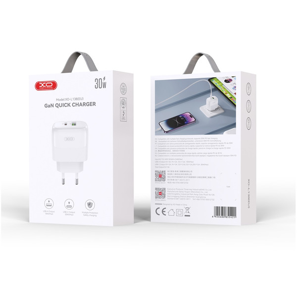 Мережева зарядка XO L138 - 30W PD USB-C &amp; 18W QC USB-A (Білий)