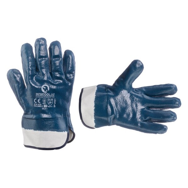 Рукавиця маслостійка (синя) на основі трикотажу, вкрита нітрилом з твердим манжетом 10.5 (ящик 120 пар) INTERTOOL SP-0001W