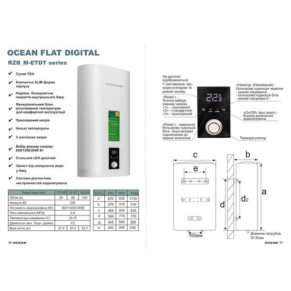 Водонагрівач OCEAN FLAT RZB50M, ET+DT