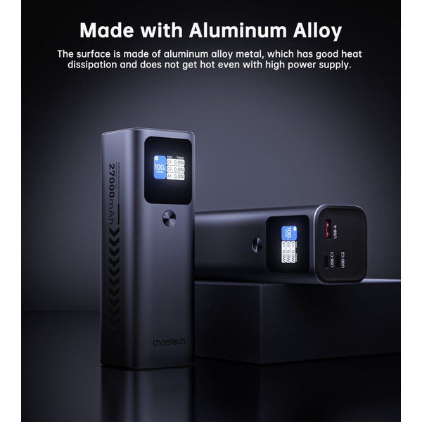 Зовнішній акумулятор (Power Bank) Choetech 25200mAh 140W, 2xUSB-C PD5.0 USB-A QC3.0 22W, Li-pol, Display, black