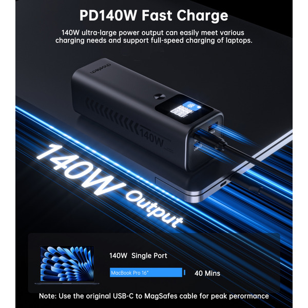 Зовнішній акумулятор (Power Bank) Choetech 25200mAh 140W, 2xUSB-C PD5.0 USB-A QC3.0 22W, Li-pol, Display, black
