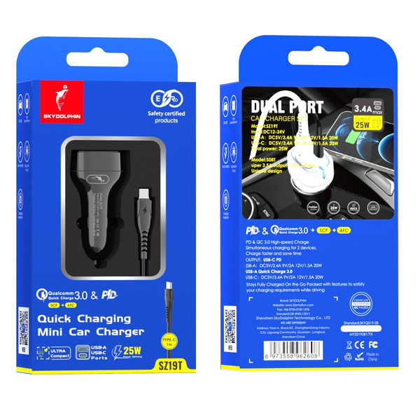 Автомобільний зарядний пристрій SkyDolphin SZ19T PD 20W + QC3.0 20W Black (SDAZP-000104) + кабель Type-C