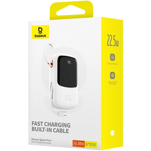 Внешний аккумулятор (Power Bank) Baseus Qpow Pro+ 20000mAh 22,5W, 1xLightning, 1xUSB-A, 1xType-C, с встроенным USB-C кабелем, белый