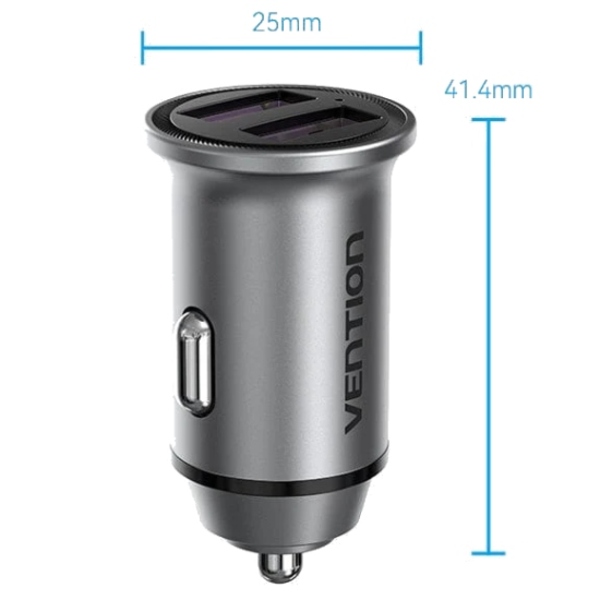 Автозарядка 2USB-A 30W QC3.0 Gray Mini Style Aluminium Alloy Type Vention