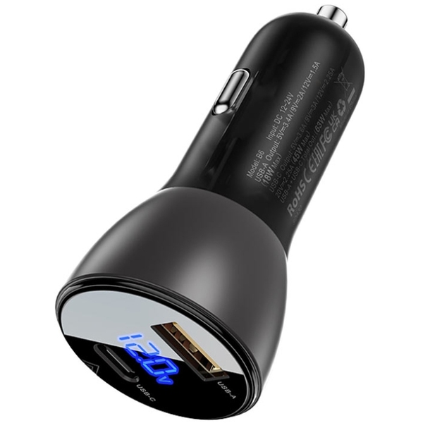 Автозарядка 2xUSB 63W (USB-C+USB-A) B6 with digital display Acefast