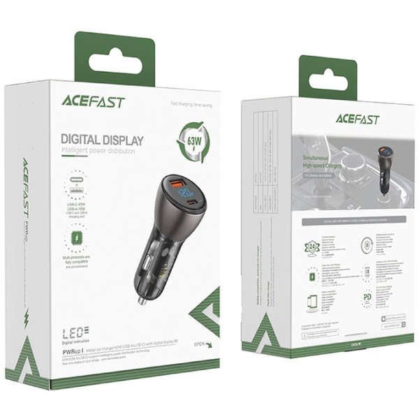 Автозарядка 2xUSB 63W (USB-C+USB-A) B6 with digital display Acefast
