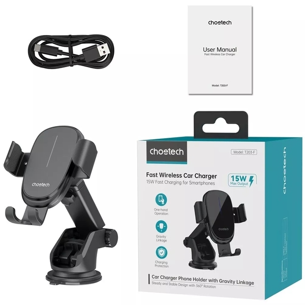Автомобильный держатель для смартфона Choetech T203-F Gravity Car Wireless 15W Charger Black (T203-F-ACBK)