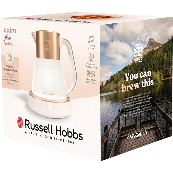 Электрочайник Russell Hobbs Calm, 1.7л, стекло, музыка, подсветка, сенсор, бело-медный